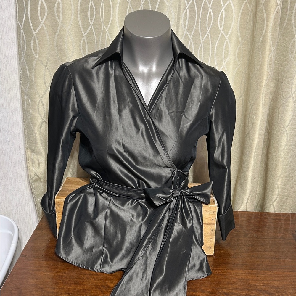 Zara Basic Satin Look Collared Wrap Blouse Black 3/4 Sleeves Bow Tie Waist